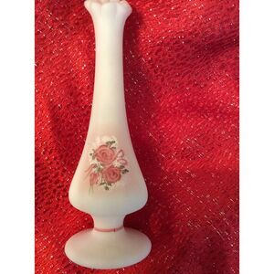 Lot of 2 Fenton Hand Painted Signed Bud Vases Rose Green Pink